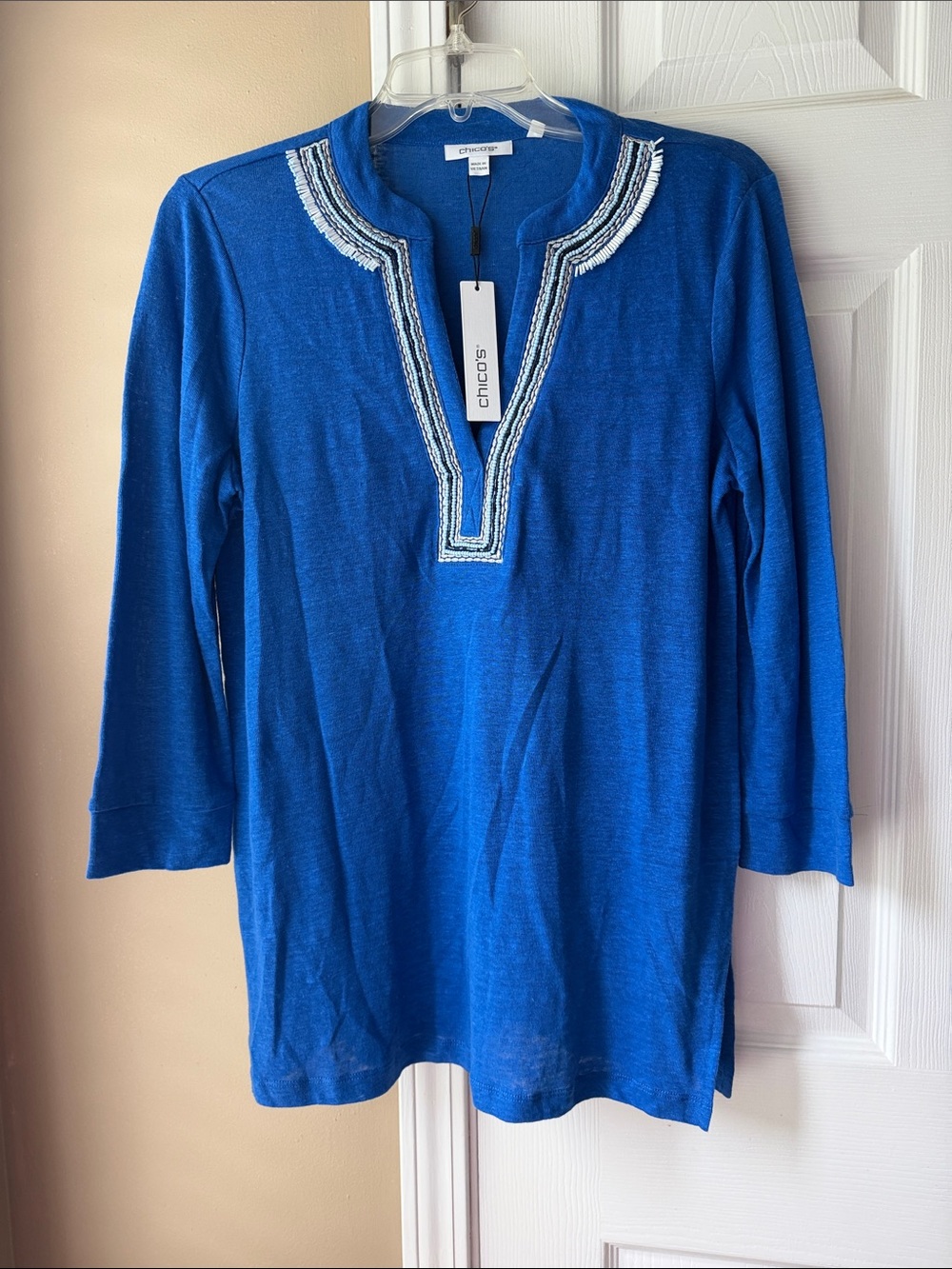 Chico's Royal Blue Embroidered V-Neck Tunic